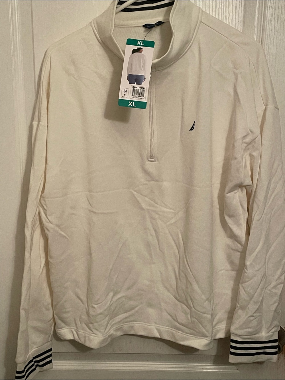 Nautica Men’s Cream Quarter-Zip Pullover with Navy Logo